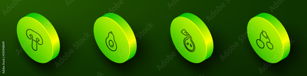 Set Isometric line Mushroom, Avocado, Pear and Cherry icon. Vector Set Isometric line Mushroom, Avocado, Pear and Cherry icon. Vector
