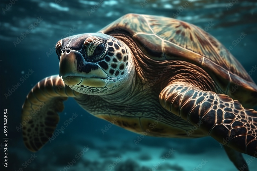 Fototapeta premium Close Up portrait of happy sea turtle swimming underwater. AI generated.