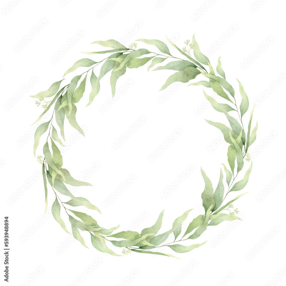 A round frame made of green branches and leaves. A wreath of foliage. Hand-drawn illustration. For wedding invitations, postcard design and stationery.