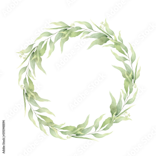 A round frame made of green branches and leaves. A wreath of foliage. Hand-drawn illustration. For wedding invitations  postcard design and stationery.
