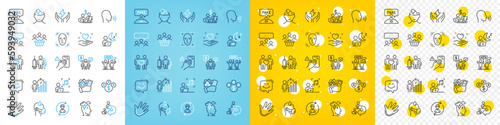 Vector icons set of Hand, Dont touch and Friends couple line icons pack for web with Meeting, Buying house, Business statistics outline icon. Teamwork, Medical vaccination. Vector
