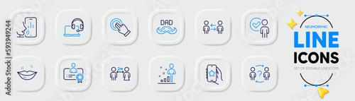 Voicemail, Father day and Delegate question line icons for web app. Pack of Stats, Social distancing, Teamwork business pictogram icons. Verification person, Certificate, Lips signs. Vector