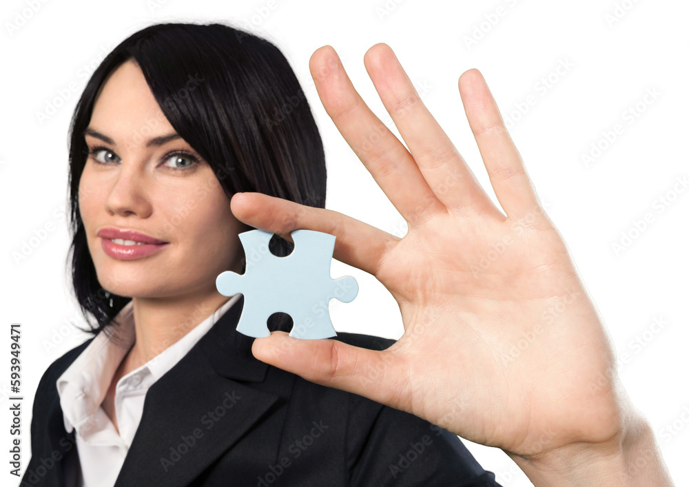 Business woman holding puzzle piece isolated on white background Business woman holding puzzle piece isolated on white background