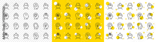 Stress anxiety, headache pill and person therapy set. Mental health line icons. Bipolar disorder, cognitive trouble and depression line icons. Society fear, mental care, stress treatment. Vector
