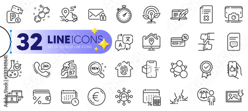 Outline set of Phone photo, Fingerprint access and Parking security line icons for web with Comments, Incubator, Home facility thin icon. Work home, Delivery, Secure mail pictogram icon. Vector