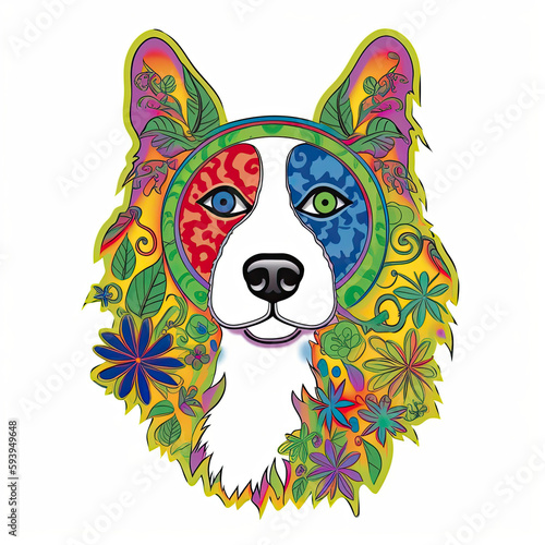 Hippie dog on psychedelic background illustrations vector