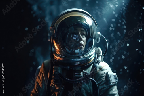 Astronaut wearing a helmet in outer space. Space travel, exploration and solar system concept. Generative AI © GVS