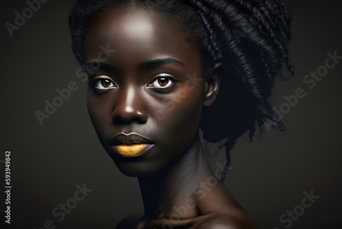 Black beautiful woman model with creative art makeup on black background. Generative AI