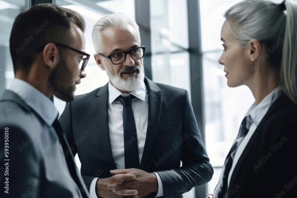 Fototapeta premium Business colleagues discussing work talking to each other in modern office. Generative AI