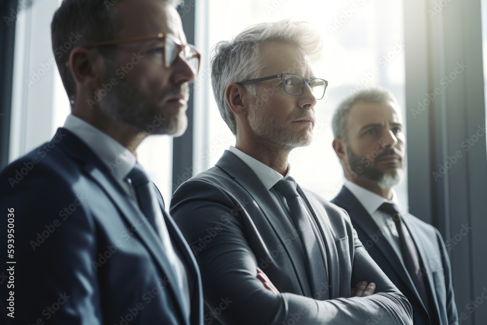 Group of confident business people in suits standing in modern office interior. Generative AI Group of confident business people in suits standing in modern office interior. Generative AI