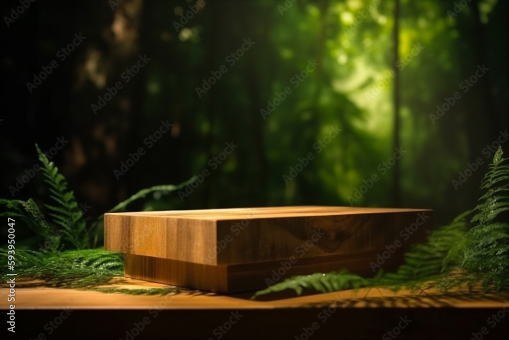 Wooden podium with tropical forest on background. AI generated Wooden podium with tropical forest on background. AI generated