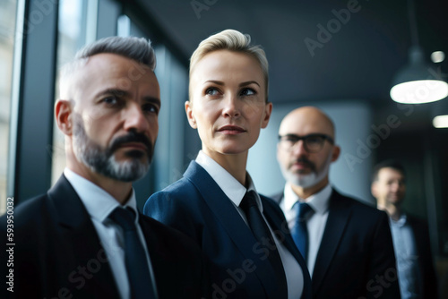 Group of confident business people in suits standing in modern office interior. Generative AI