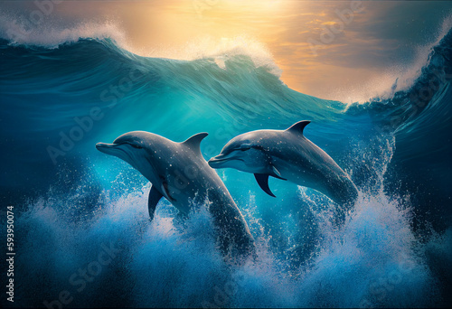 Two dolphins swim in the sea in the sun. AI Generated ©  iiulia