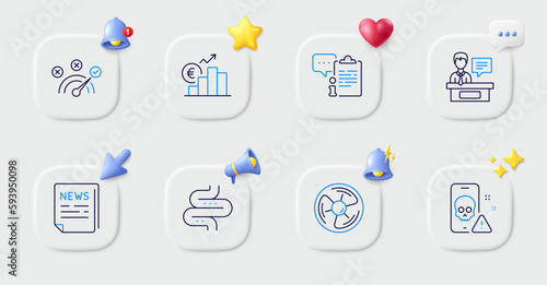 Air fan, Cyber attack and Intestine line icons. Buttons with 3d bell, chat speech, cursor. Pack of Fake news, Euro rate, Correct answer icon. Exhibitors, Clipboard pictogram. Vector
