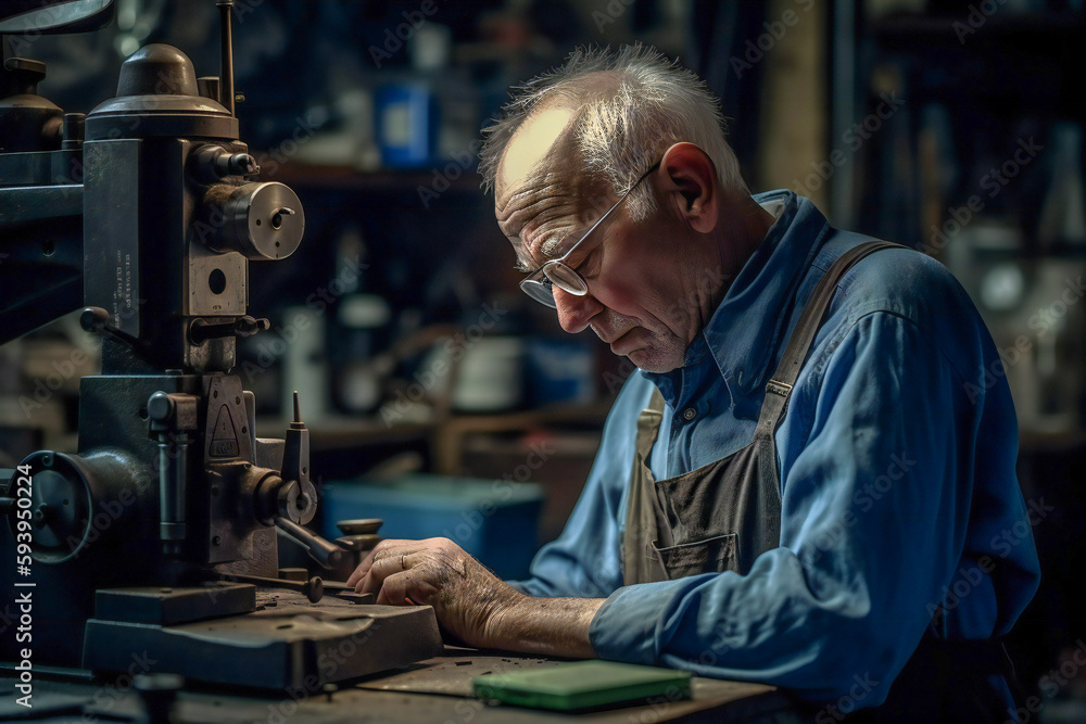Machinist working at a generic machine in a factory or workshop. Created with Generative AI technology. Machinist working at a generic machine in a factory or workshop. Created with Generative AI technology.