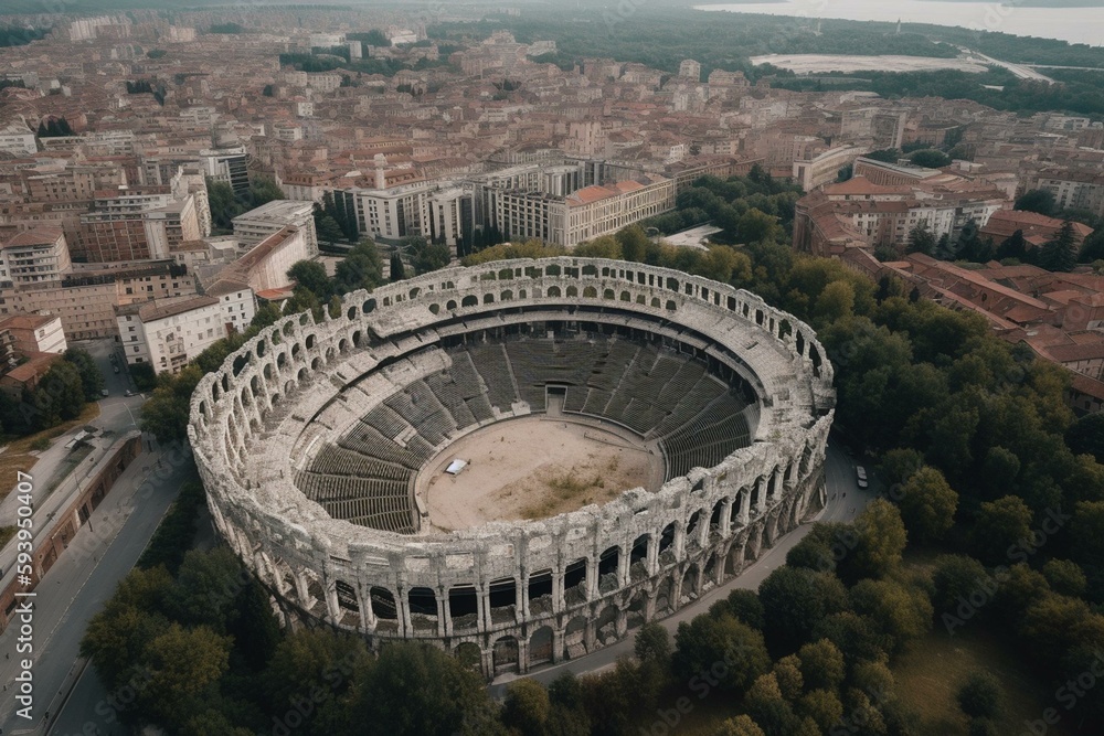 Verona Arena aerial panoramic view. Generative AI