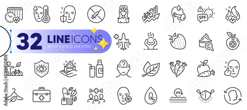 Outline set of Milk, Healthy face and Cardio calendar line icons for web with Skin care, Training results, Medical food thin icon. Leaf, Spf protection, Oculist doctor pictogram icon. Vector