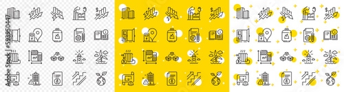 Outline Consumption growth, Save planet and Buildings line icons pack for web with Windmill, Charging station, Documentation line icon. Engineering plan, Gas cylinder. Vector