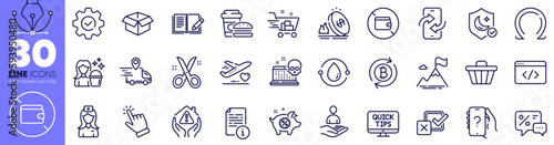 Seo script, Opened box and Shop cart line icons pack. Cold-pressed oil, Mountain flag, Web tutorials web icon. Piggy sale, Gas price, Wallet pictogram. Feedback, Fast food, Hospital nurse. Vector