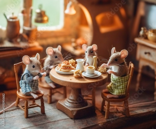 Cute mice family having dinner in a rural kitchen. Created with Generative AI technology.