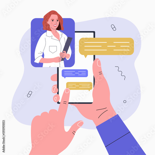 Online doctor woman. Hand holding smartphone. Vector flat style cartoon  illustration.