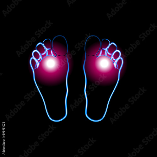 Vector isolated illustration of human feet with neon effect. Foot fungus. Itchy feet.
