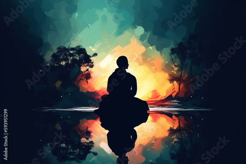 Silhouette man sitting in lotus position, practicing yoga and meditation, zen. Abstract illustration of harmony, calmness, mental health concept. Generative AI