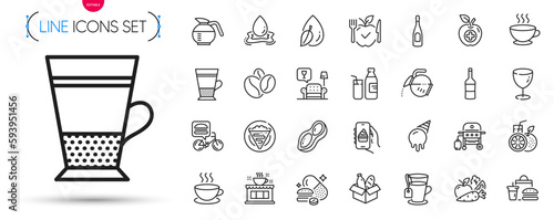 Pack of Overeating pills, Vegetables and Ice cream line icons. Include Crepe, Peanut, Food donation pictogram icons. Fast food, Double latte, Coffeepot signs. Champagne, Coffee pot, Milk. Vector