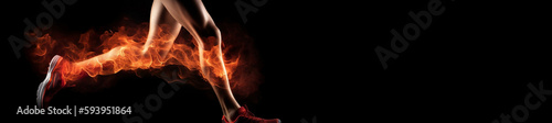 Legs of a runner with power in their veins isolated on black. Fire and energy