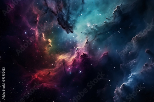 Abstract colourful spiral galaxy in space  interstellar nebula  realistic swirling vortex. AI generated