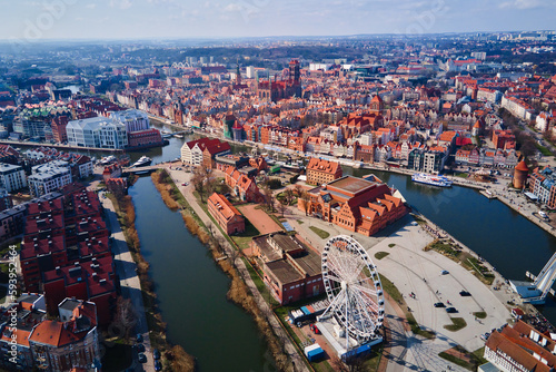 Aerial view of Gdansk city in Poland. Historical center in old town in european city. Panoramic view of modern european city