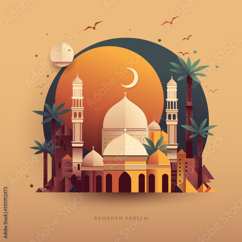 Ramadan Kareem modern style design with mosque dome, palm trees and moon, flat design, vector.