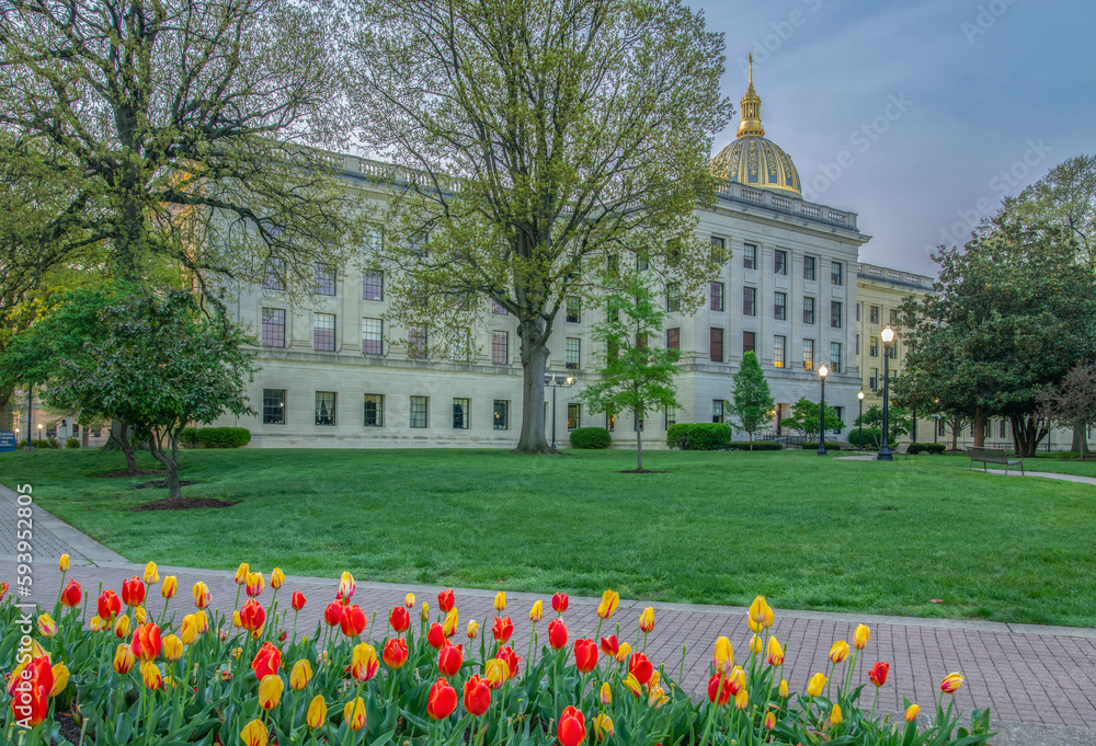 Capitol Building in Charleston West Virginia with Tulips in bloom