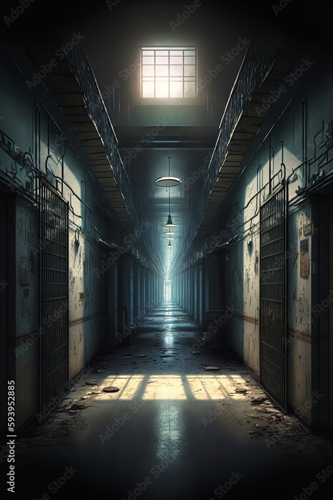Prison hallway. Light in the end of the tunnel. Horror jail. Spooky prison.