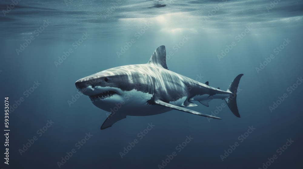 Fototapeta premium Shark swimming in the sea. Generative AI.