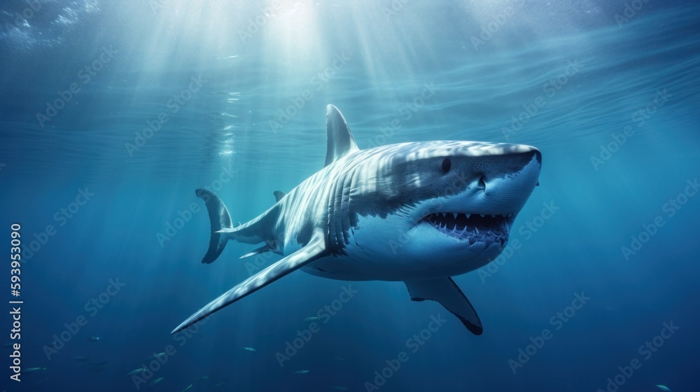 Fototapeta premium Shark swimming in the sea. Generative AI.