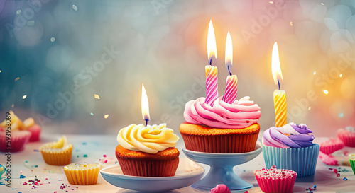 Happy birthday background or card with artistic cakes and candles digital painting generative ai illustration