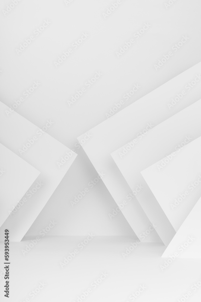 Abstract white stage with pattern of stripes, corners of paper in minimal urban contemporary style, soft light gradient scene mockup for advertising, design, presentation cosmetics products, vertical.