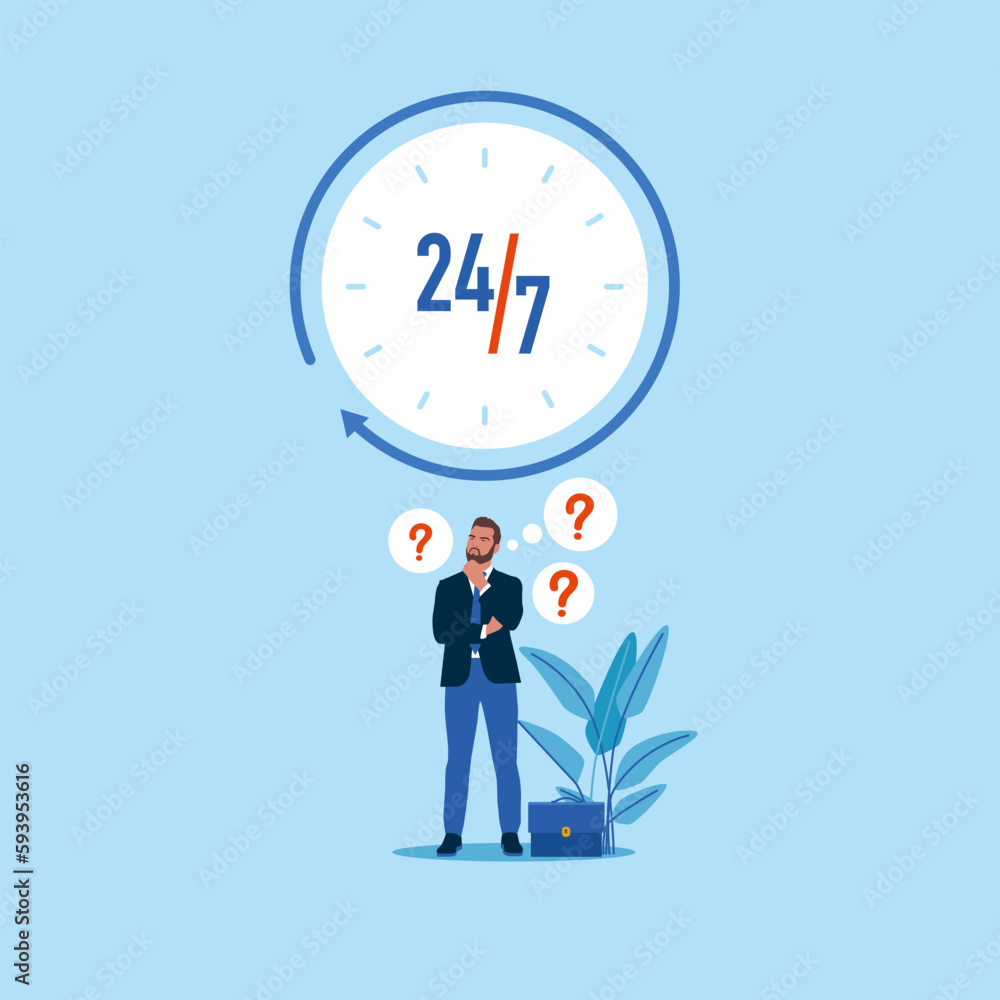 Businessman waiting for a call support service. 24 hours watch with arrow. Modern vector illustration in flat style
