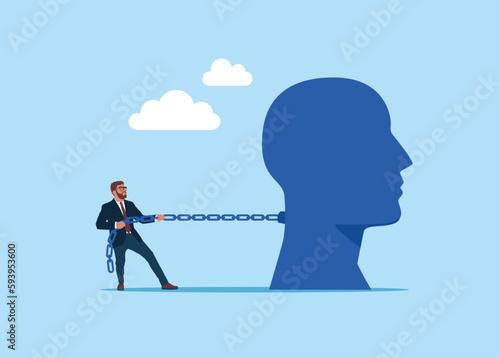Head of a man chained with heavy chain. Concept of slavery, prison or depression. Modern vector illustration in flat style