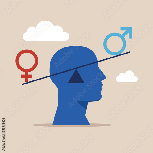Balance on seesaw  with male and female icons showing an inequality between the sexes. Female carrying the most weight. Flat vector illustration
