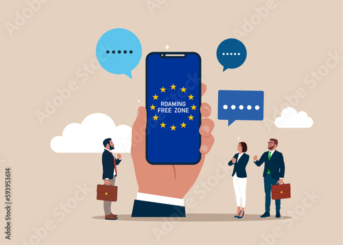 Business people standing with smartphone and roaming Free zone European Union.Success long term investment. Modern vector illustration in flat style