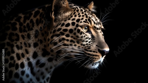 Close up of leopard on dark background. Generative AI.
