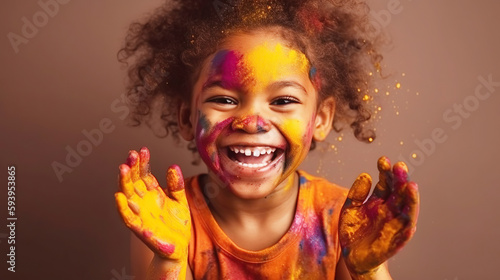 Happy baby girl with colorful paint on her face, generative ai.