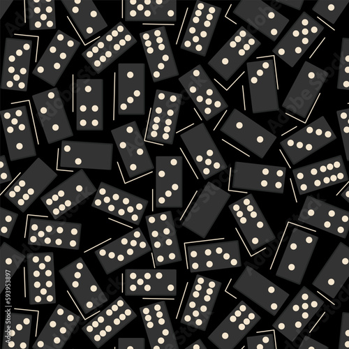 Seamless pattern with domino illustrations, board game, background, dominoes on black background, vector