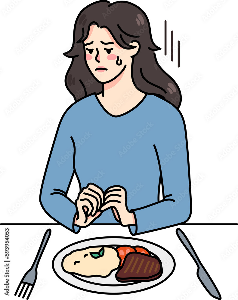 Unhappy woman sit with dish plate suffer from eating disorder Unhappy woman sit with dish plate suffer from eating disorder