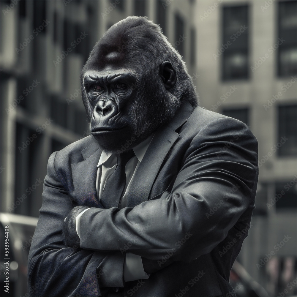 Gorilla in business suit in the city. AI generated. Gorilla in business suit in the city. AI generated.