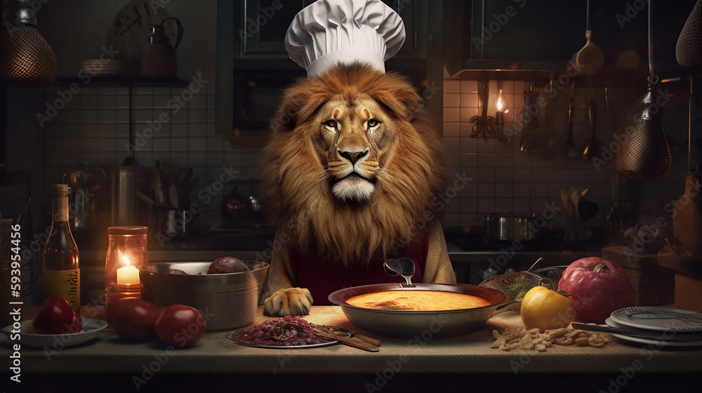 Ein Löwe als Koch KI - obrazy, fototapety, plakaty 