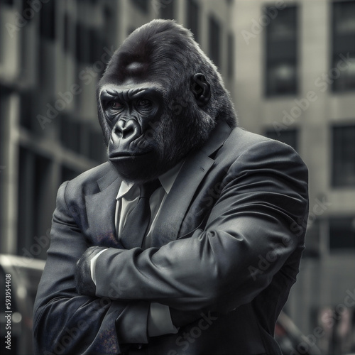 Gorilla in business suit in the city. AI generated.