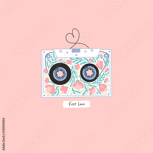 Retro audio cassette with flowers inside. Magnetic tape in the form of a heart, the concept of Valentines Day. The inscription - First love. Hand-drawn vector cartoon illustration in simple style